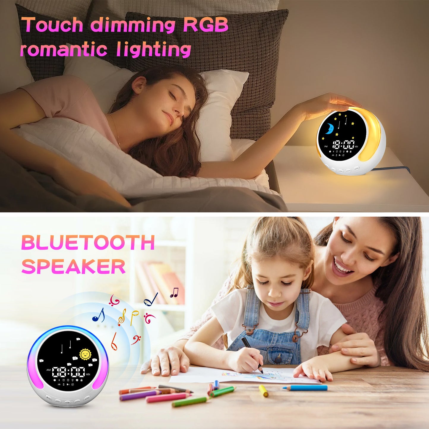 Children's Alarm Clock Bluetooth Speaker Touch RGB With White Noise Wake-up Light